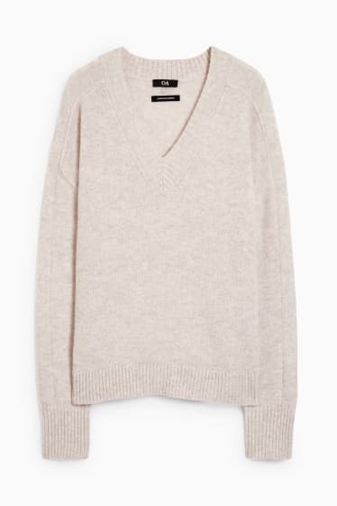 Women - V-neck jumper - wool blend - light beige