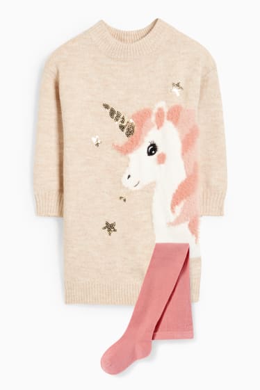 Bambini - Unicorno - set - vestito in maglia e calzamaglia - 2 pezzi - beige