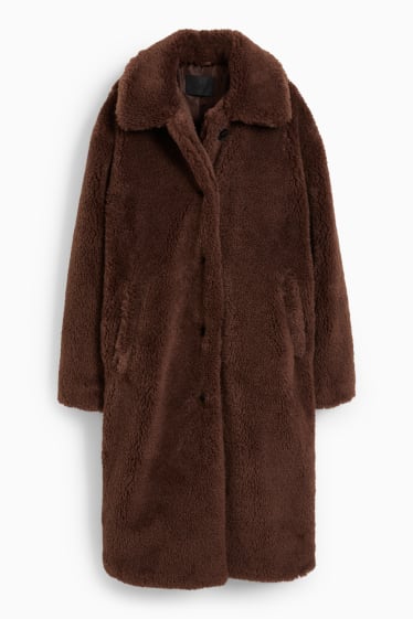 Women - Teddy fur coat - dark brown