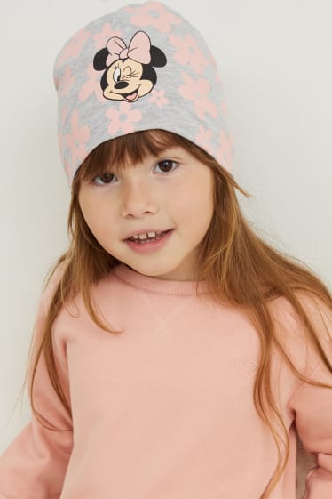 Kinder Mädchen - Minnie Maus - Mütze - geblümt - hellgrau-melange