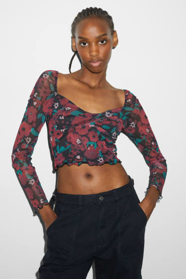 Damen - Crop Langarmshirt - geblümt - schwarz