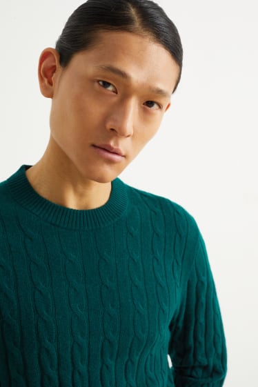Uomo - Maglione con componente di cashmere - misto lana - motivo a treccia - verde scuro
