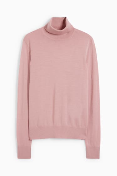 Women - Basic merino polo neck jumper - pink