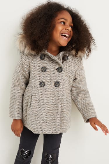 Enfants filles - Veste avec capuche et garniture en imitation fourrure - beige