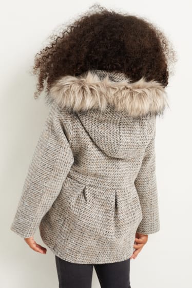 Enfants filles - Veste avec capuche et garniture en imitation fourrure - beige