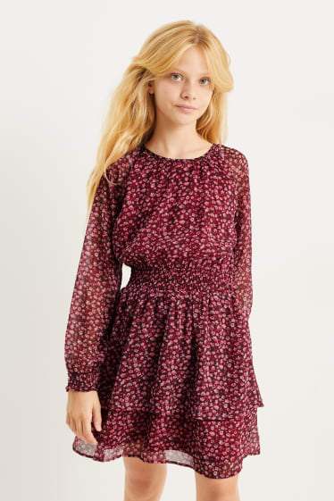 Enfants filles - Robe de gaze - à fleurs - rouge foncé