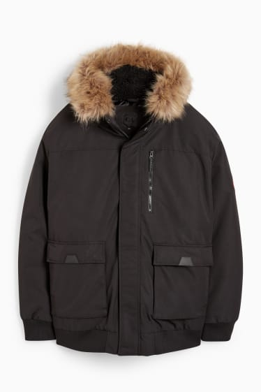 Hommes - Veste avec capuche et garniture en imitation fourrure - noir