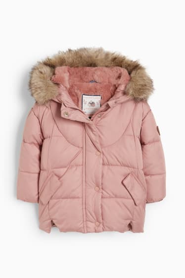 Bebeluși - Jachetă matlasată bebeluși, cu glugă și guler din blană artificială - roz