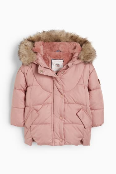 Baby Mädchen - Baby-Steppjacke mit Kapuze und Kunstfellkragen - rosa