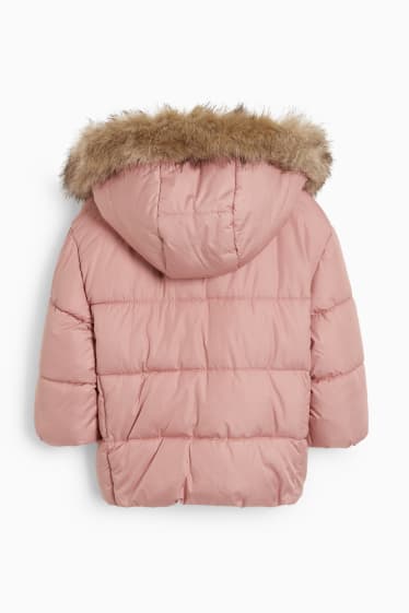 Miminka - Prošívaná bunda s kapucí a límcem z umělé kožešiny pro miminka - růžová