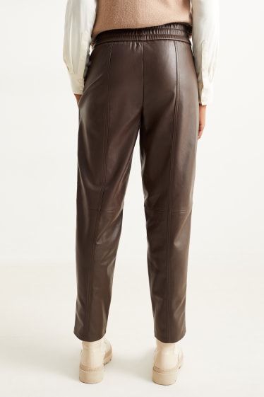 Women - Trousers - high-rise waist - tapered fit - faux leather - dark brown