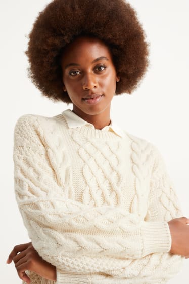 Damen - Pullover - Zopfmuster - cremeweiß