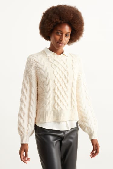Damen - Pullover - Zopfmuster - cremeweiß