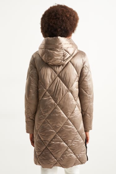 Dámské - Prošívaný kabát s kapucí - lesklý design - béžová
