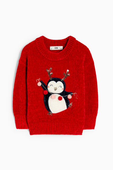 Kinder Mädchen - Chenille-Weihnachtspullover - Pinguin - rot