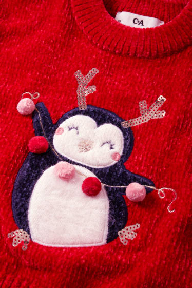 Kinder Mädchen - Chenille-Weihnachtspullover - Pinguin - rot