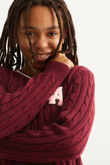 Enfants filles - Robe en maille avec motif tressé - bordeaux