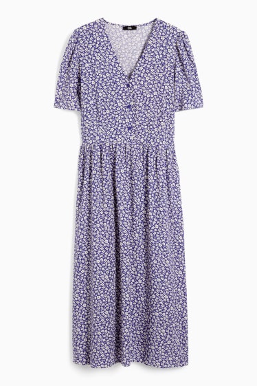 Dames - Jurk van viscose, met V-hals - gebloemd - blauw