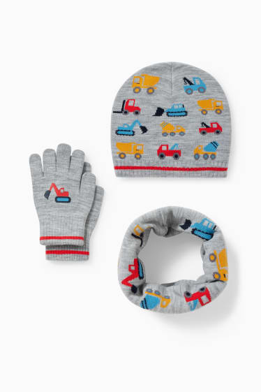 Enfants garçons - Pelleteuse - ensemble - bonnet, tour de cou et gants - 3 pièces - gris clair