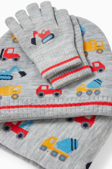 Enfants garçons - Pelleteuse - ensemble - bonnet, tour de cou et gants - 3 pièces - gris clair