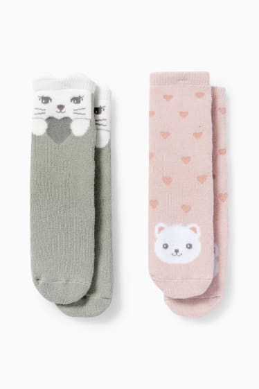 Neonate - Confezione da 2 - animale - calze antiscivolo con motivo - verde / fucsia