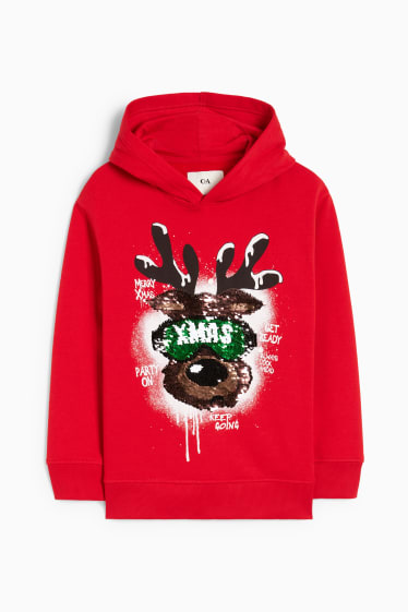 Kinderen: jongens - Rendier - hoodie voor de kerst - glanseffect - rood