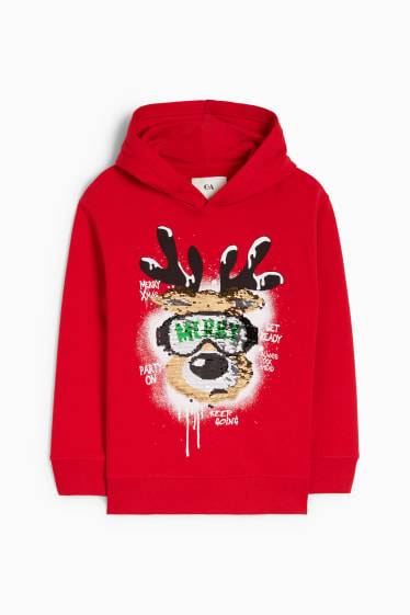 Kinderen: jongens - Rendier - hoodie voor de kerst - glanseffect - rood