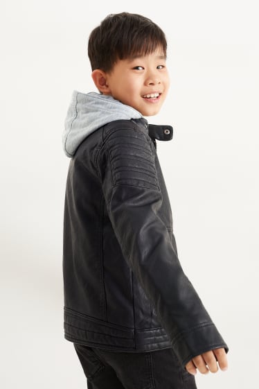 Kinder Buben - Bikerjacke mit Kapuze - Lederimitat - schwarz