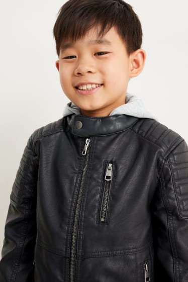 Kinder Buben - Bikerjacke mit Kapuze - Lederimitat - schwarz