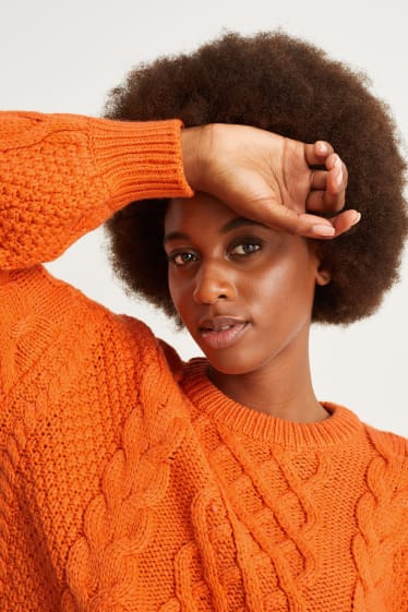 Women - Jumper - cable knit pattern - dark orange