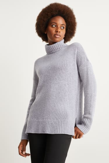 Damen - Rollkragenpullover - Woll-Mix - grau