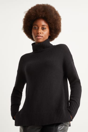 Damen - Rollkragenpullover - Woll-Mix - schwarz