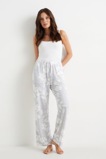 Dámské - Pyžamové kalhoty - s květinovým vzorem - světle šedá-žíhaná