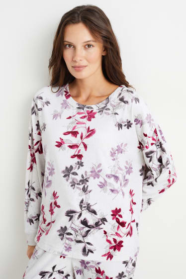 Dames - Pyjamashirt van velours - gebloemd - lichtgrijs