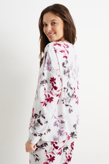 Dames - Pyjamashirt van velours - gebloemd - lichtgrijs