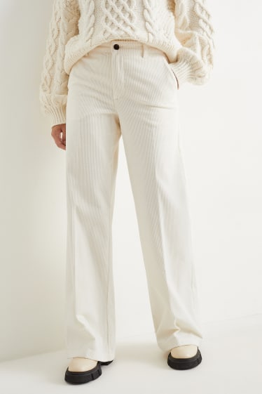 Femei - Pantaloni din catifea reiată - talie înaltă - wide leg - alb-crem