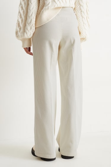 Dámské - Manšestrové kalhoty - high waist - wide leg - krémově bílá