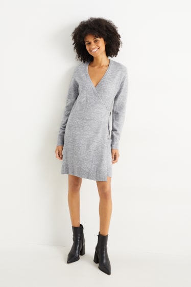 Women - Knitted wrap dress - gray-melange