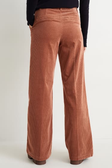 Dames - Broek van corduroy - high waist - wide leg - bruin