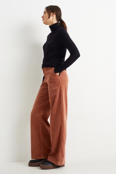 Donna - Pantaloni di velluto a coste - vita alta - gamba larga - marrone