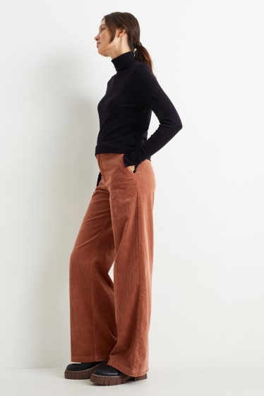 Dames - Broek van corduroy - high waist - wide leg - bruin