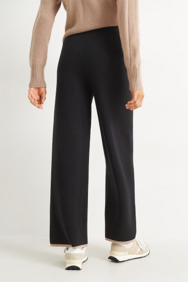 Women - Knitted trousers - mid-rise waist - wide leg - wool blend - black