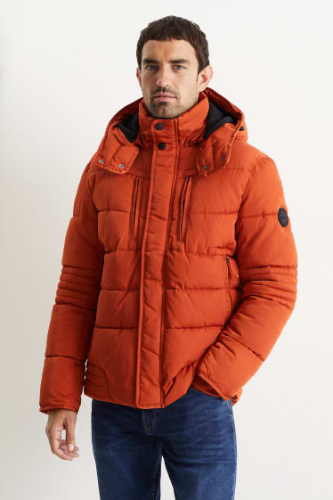 Mężczyźni - Pikowana kurtka z kapturem - ciemnopomarańczowy