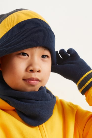Enfants - Ensemble - bonnet, tour de cou et gants - 3 pièces - bleu foncé