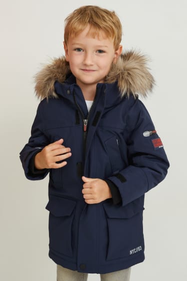 Copii - Jachetă cu glugă și aplicații din blană artificială - impermeabilă - albastru închis