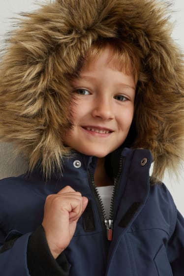 Enfants - Veste avec capuche et garniture en imitation fourrure - bleu foncé