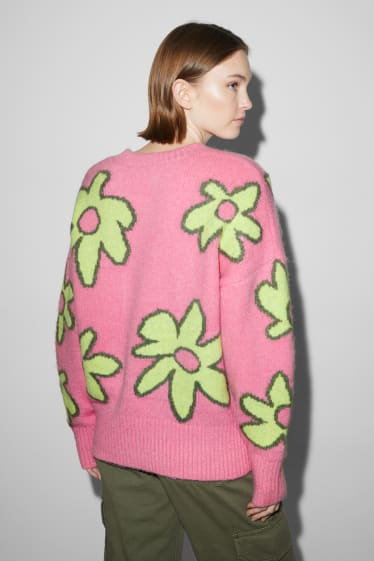 Damen - Pullover - geblümt - rosa