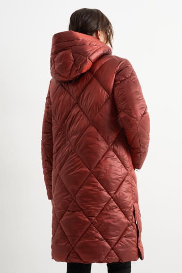 Women - Quilted coat with hood - shiny - dark red