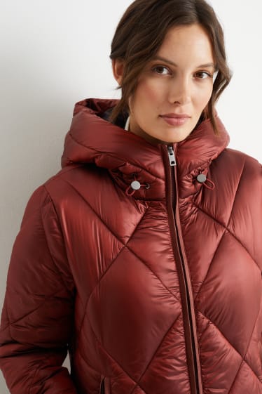 Women - Quilted coat with hood - shiny - dark red