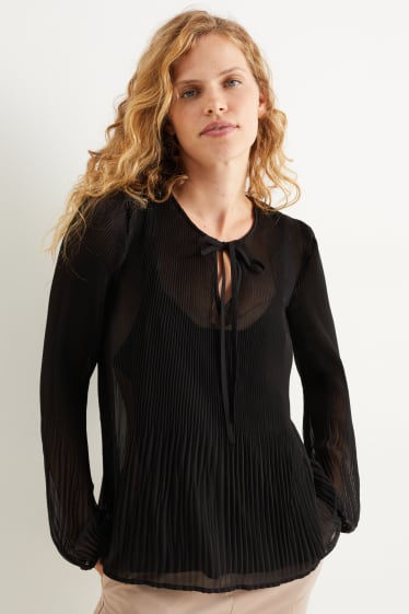 Dames - Blouse van chiffon - fijn geplooid - zwart